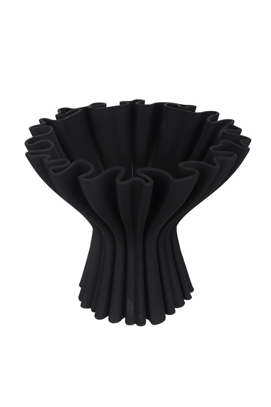 Cleo 3D printed compote vase in black on a plain white background, showing the fluted sculptural form