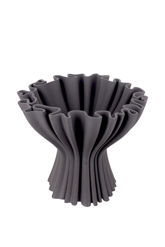 Cleo 3D printed compote vase in grey on a plain white background, showing the fluted sculptural form