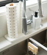 A kitchen sink with a paper towel holder perfect for eco-friendly cleaning with Good Change Eco Scrubs 2-Pack.