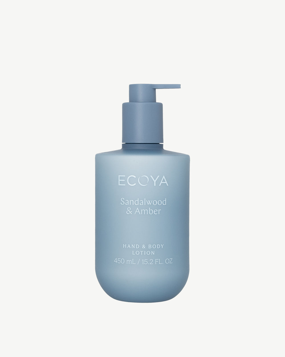 Ecoya Sandalwood & Amber hand and body lotion 450ml in a dusty blue pump bottle