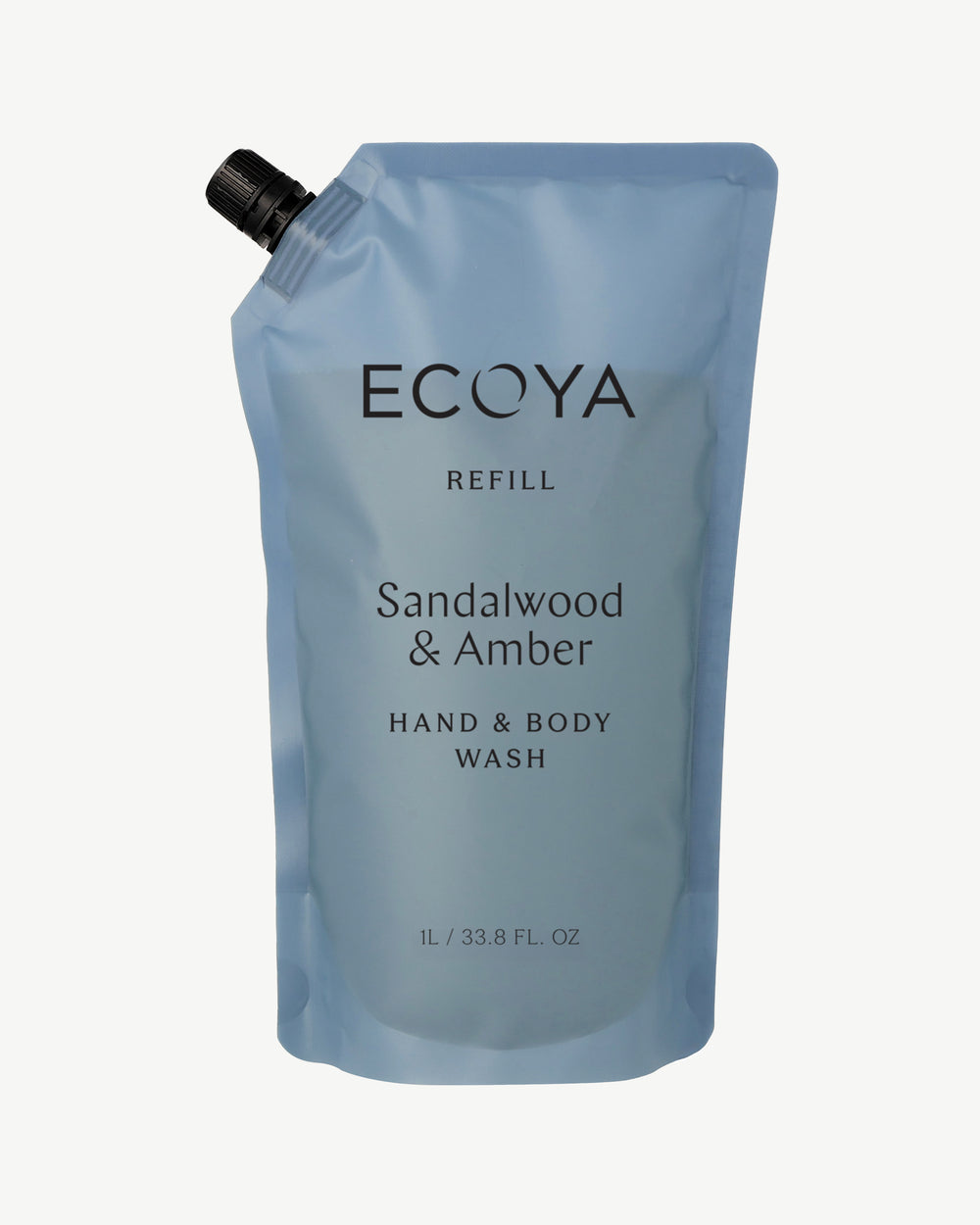Ecoya Sandalwood & Amber hand and body wash 1L refill pouch in blue