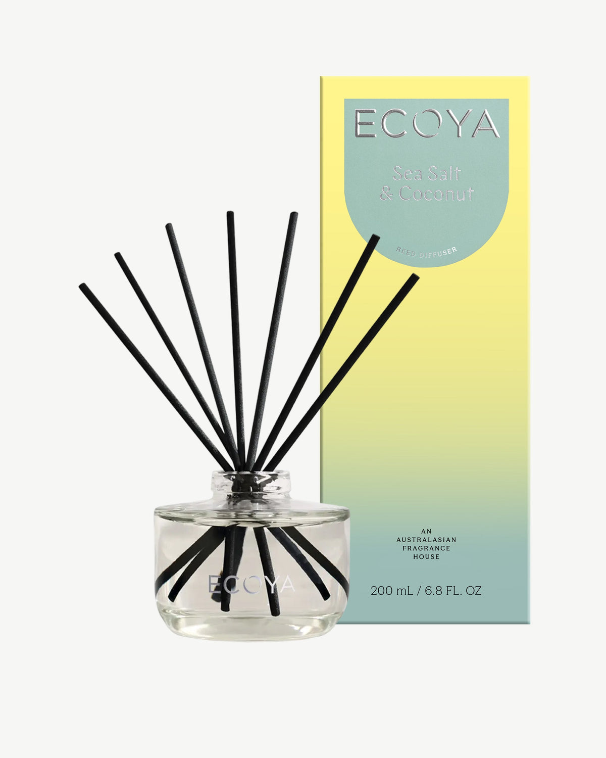 Ecoya Sea Salt and Coconut reed diffuser 200ml in a clear glass bottle with rattan reeds