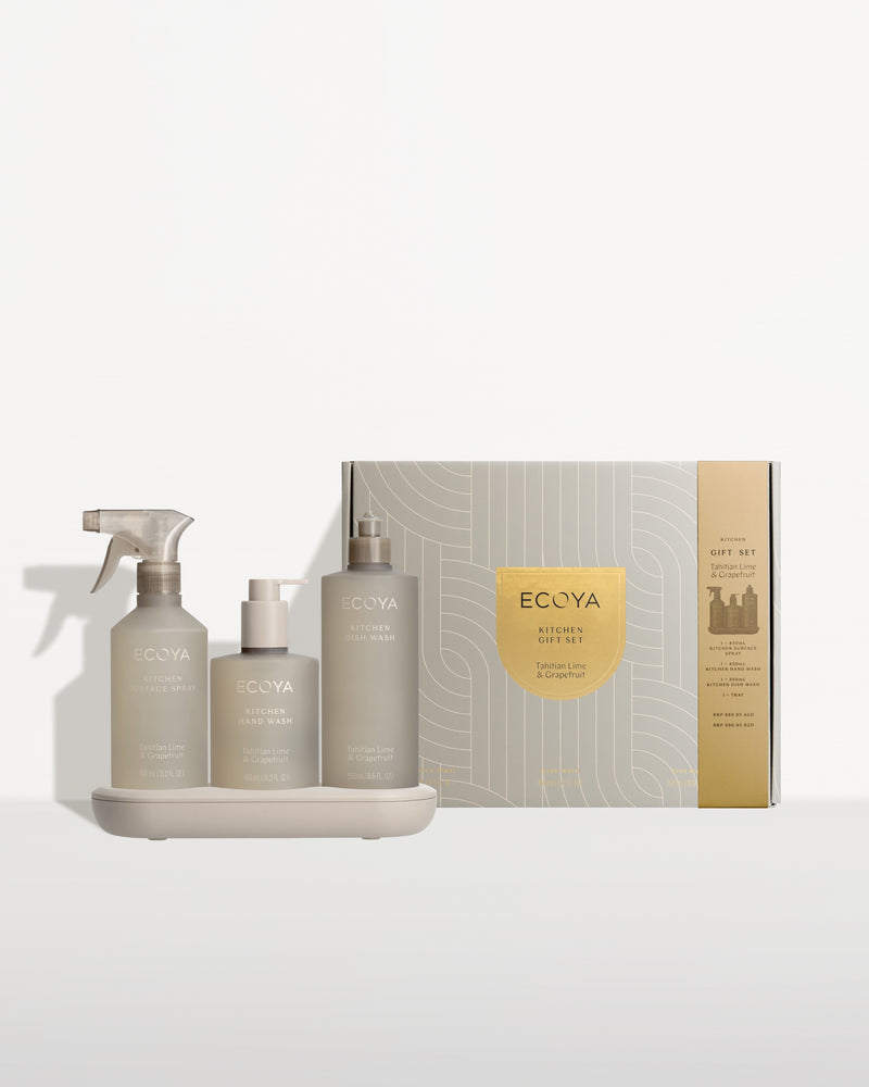 Ecoya kitchen trio on its tray beside the gold-sealed Kitchen Gift Set box