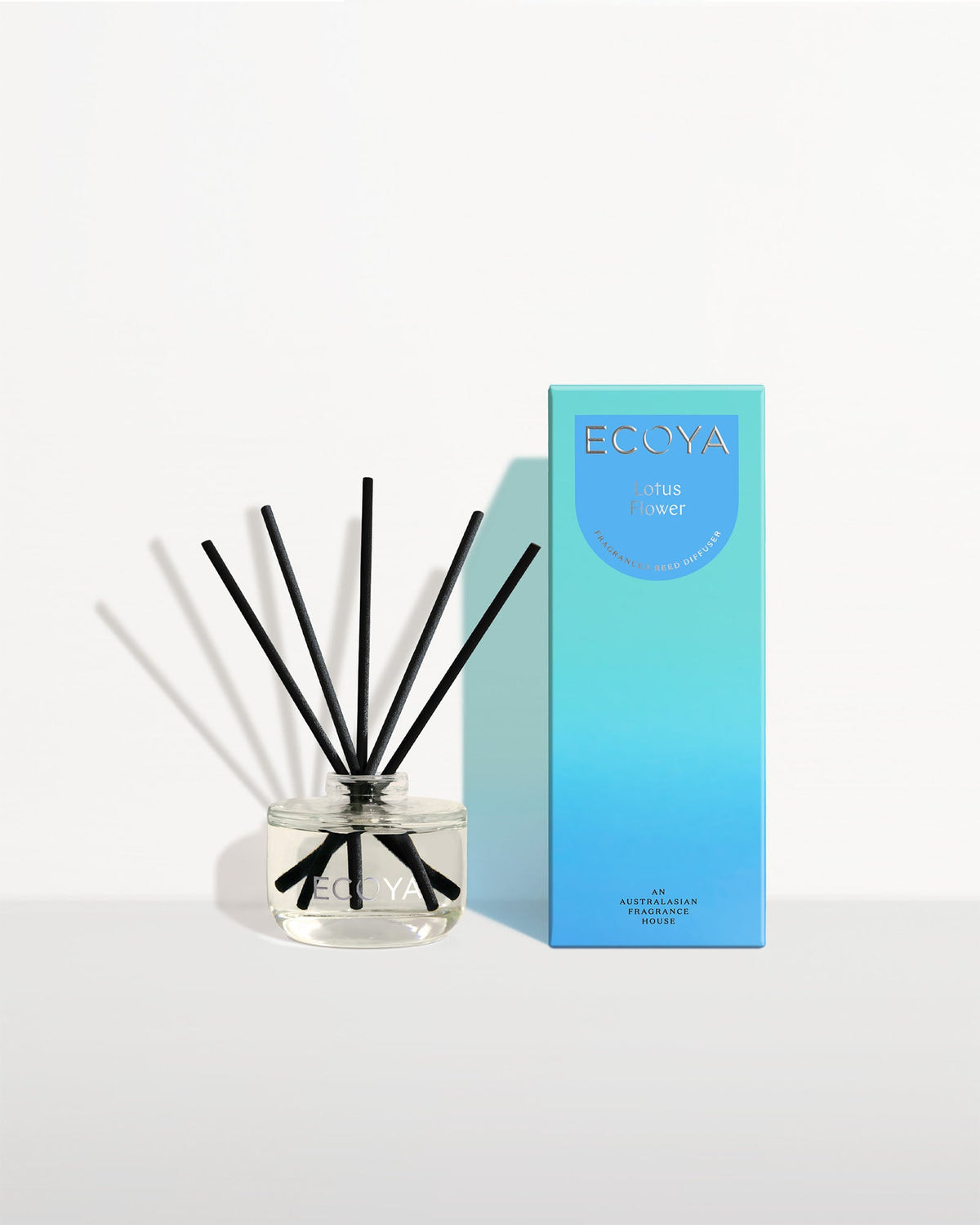 Ecoya Lotus Flower mini reed diffuser 50ml in a glass bottle with rattan reeds