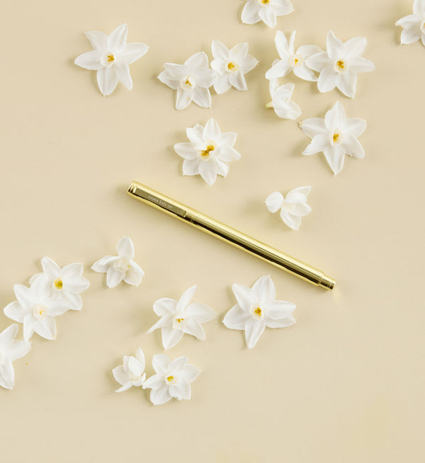 Metal Rollerball Pen Golden flat lay styling by Emma Kate Co