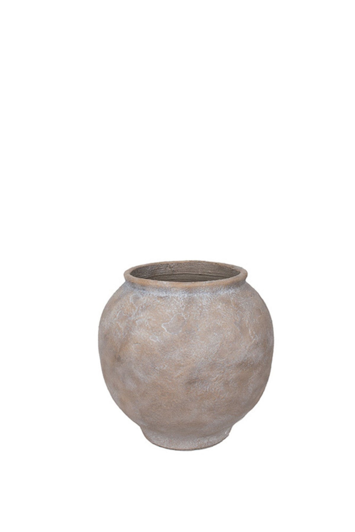 Terrazza Outdoor Pot, small, rounded planter in warm greige stone wash on white