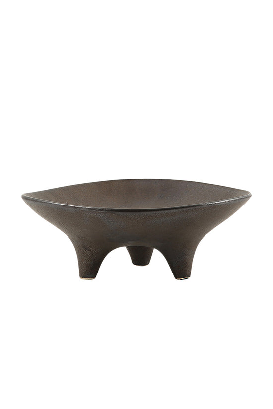 Ceramic Tripod Plate in onyx, a shallow bowl raised on three short feet, plain background