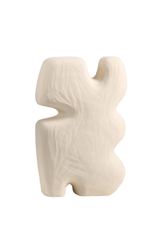Abstract block sculpture in beige ceramic, a squared figure with raised arms