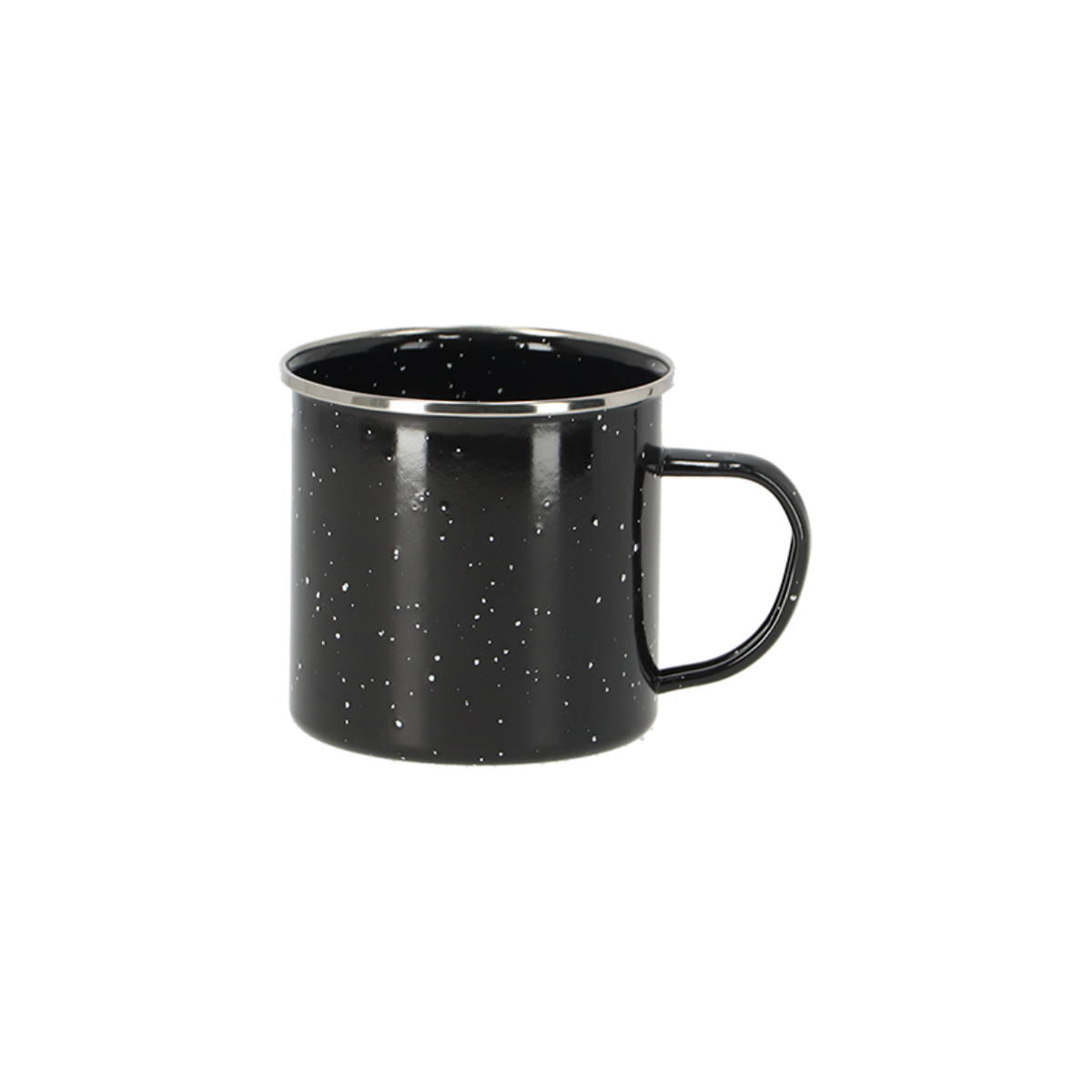Black enamel mug flecked with white speckles, finished with a polished steel rim, on white
