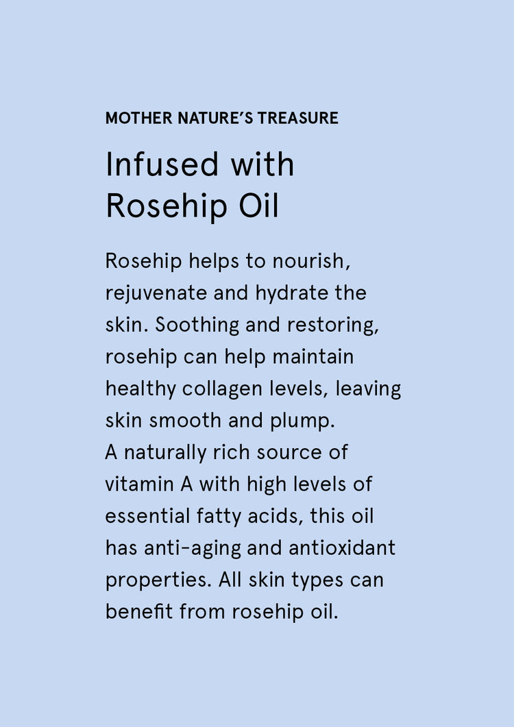 Infused with Rosehip Oil supplier card with dark text on pale blue