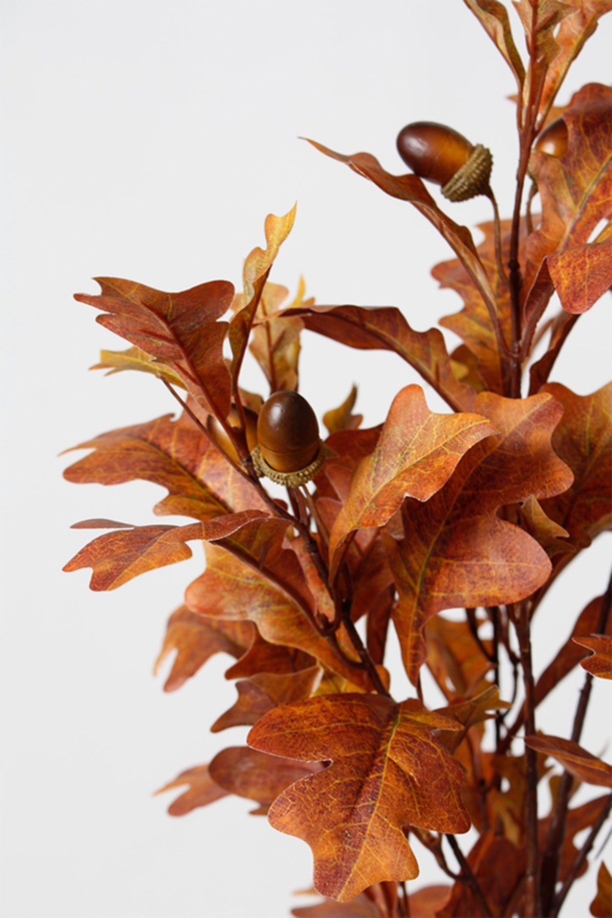 Faux oak leaf bush with acorns in rust autumn tones, close view