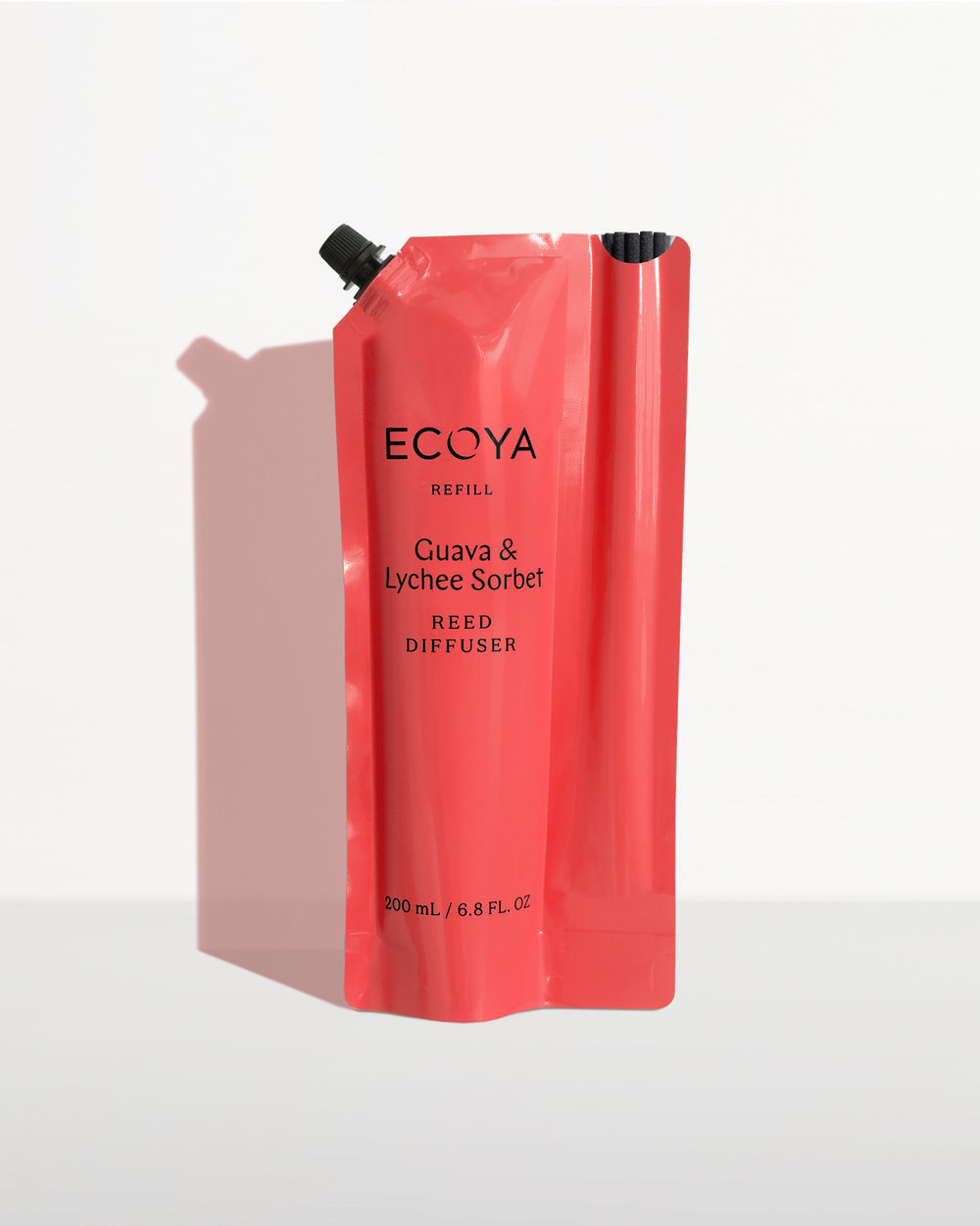 Ecoya Guava and Lychee Sorbet reed diffuser refill pouch in red packaging