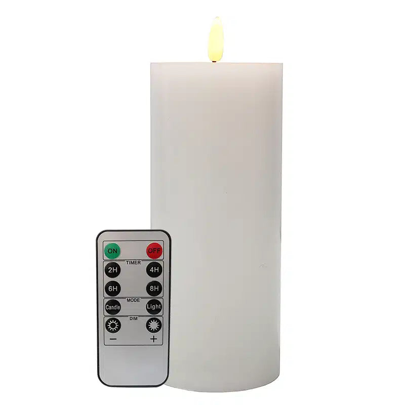 White LED pillar candle with a lit moving-flame tip beside a remote with timer, dim and mode buttons