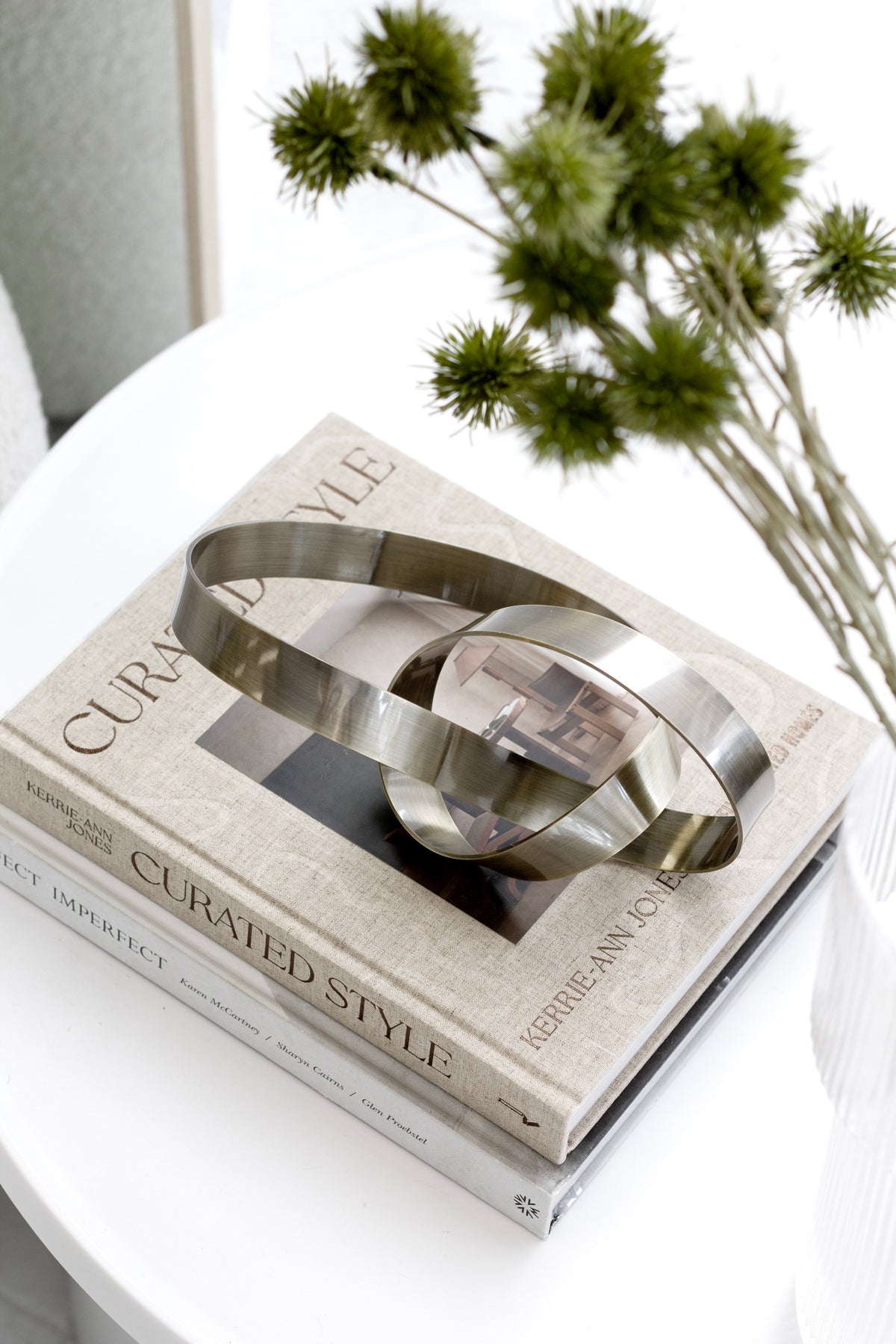 Bronze Infinity Loop sculpture on a stack of interiors books with eryngium stems behind