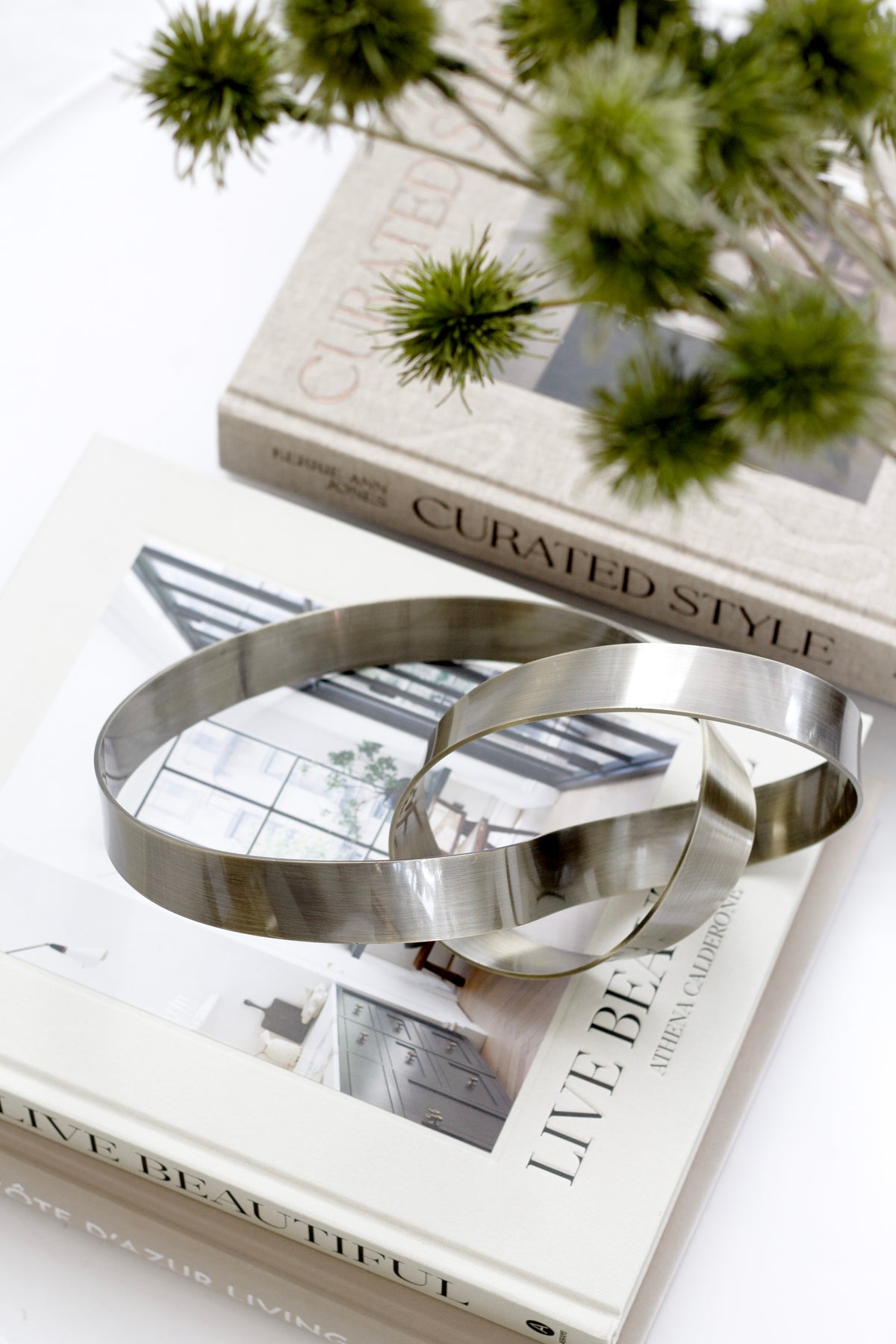 Bronze Infinity Loop sculpture on stacked interiors books beneath green eryngium stems