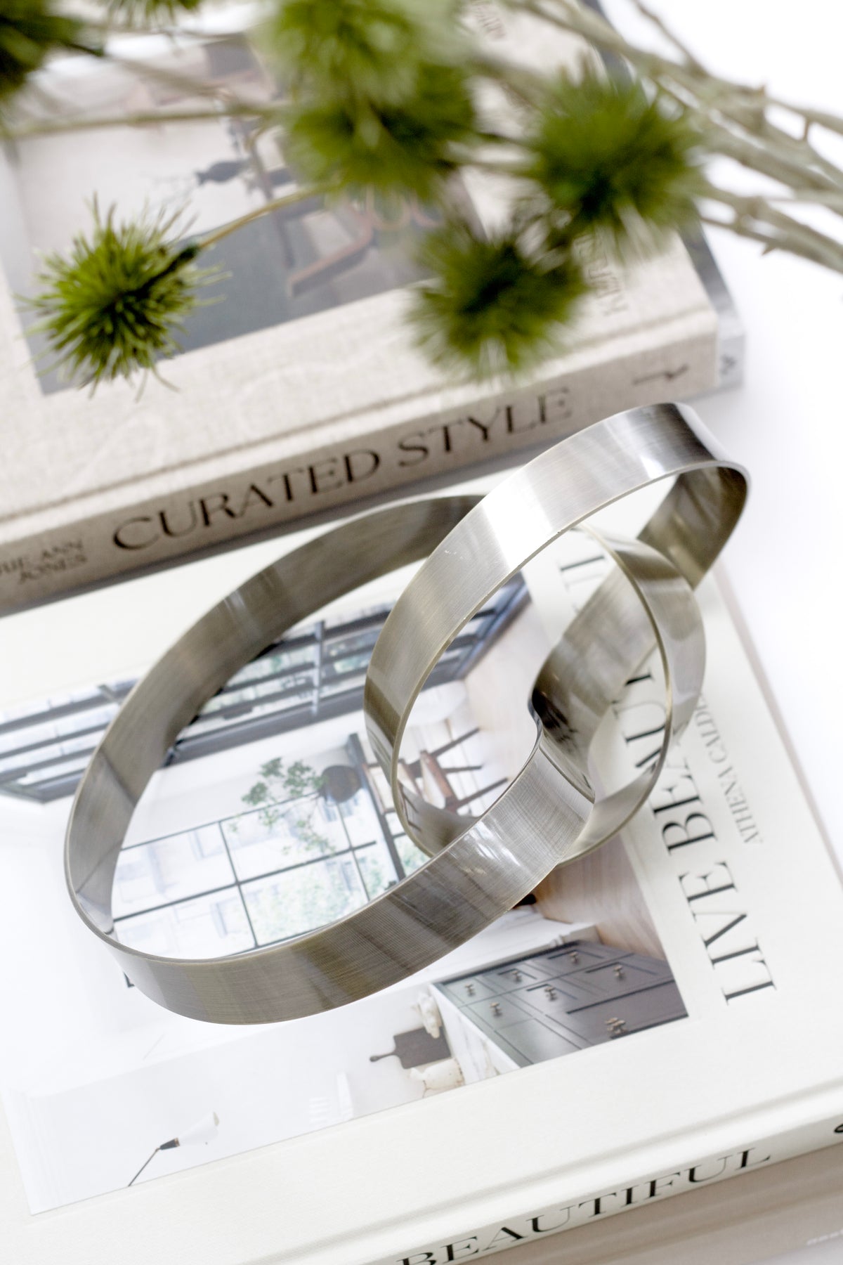 Bronze Infinity Loop sculpture close on interiors books with green eryngium stems above