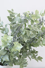 Seeded Eucalyptus Bundle in a white vase, floral styling. (Brand Name: Artificial Flora)