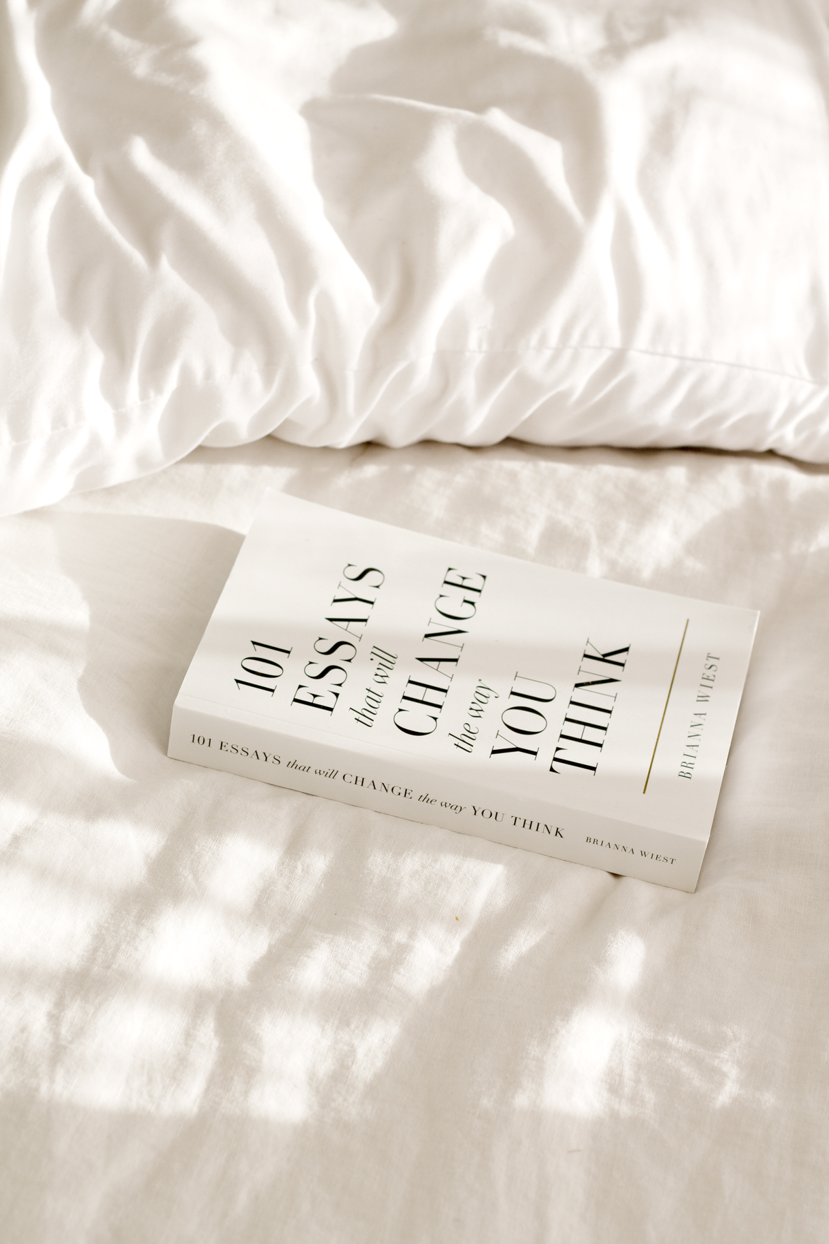 The 101 Essays paperback resting on a bed of white linen in dappled light