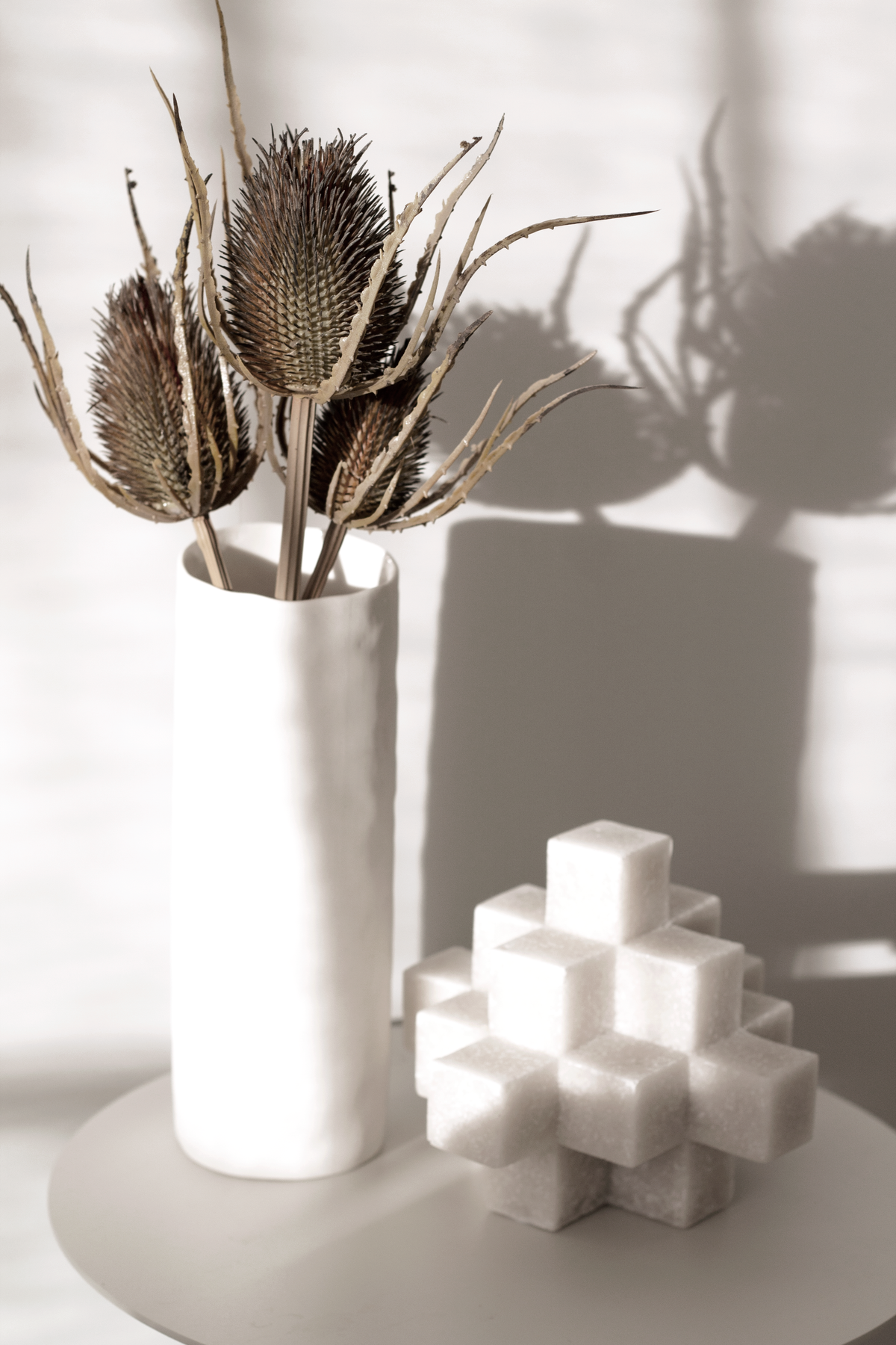 White Cubism sculpture beside a pale vase of dried teasel heads