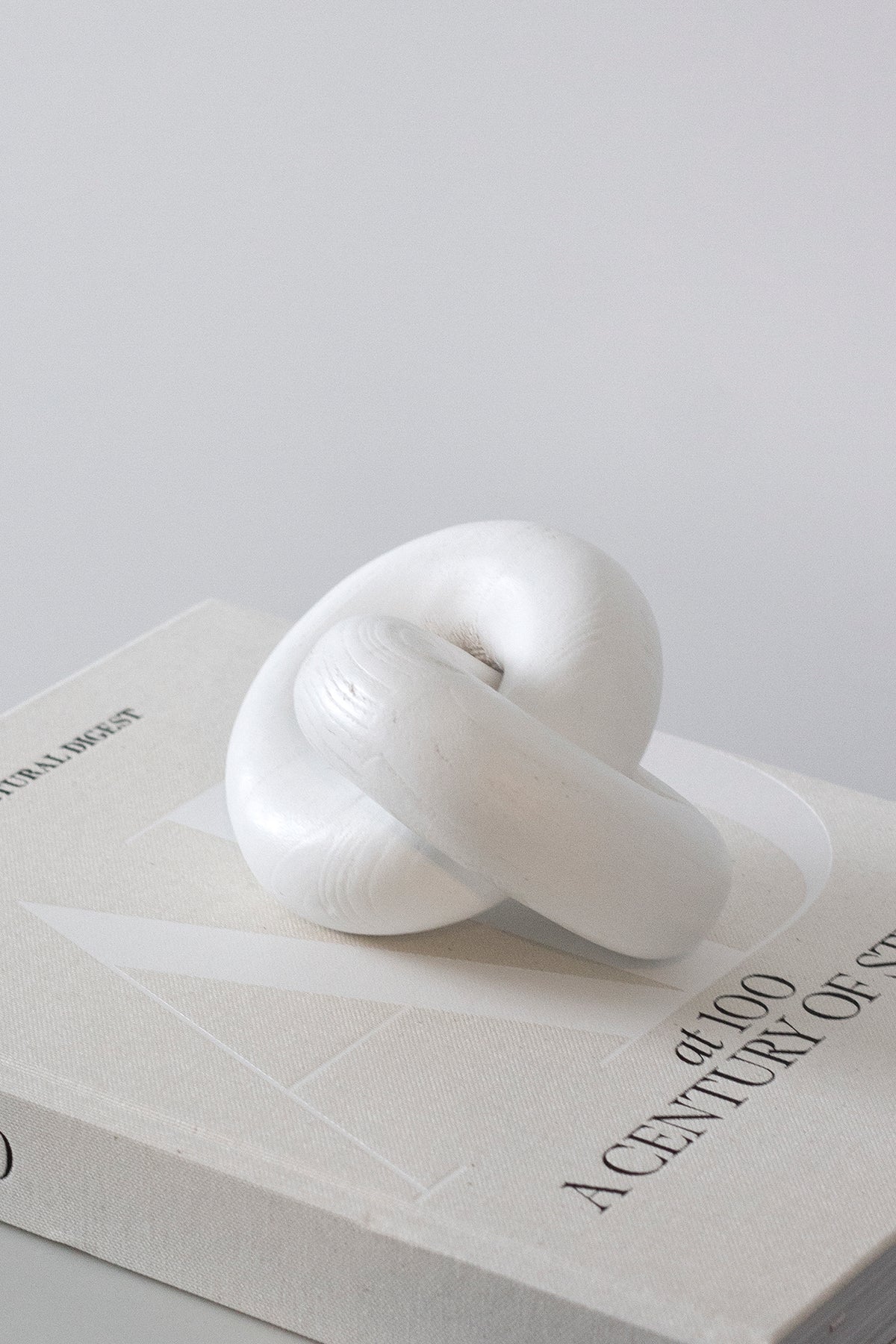 White wooden knot sculpture resting on a hardback book against a pale grey wall