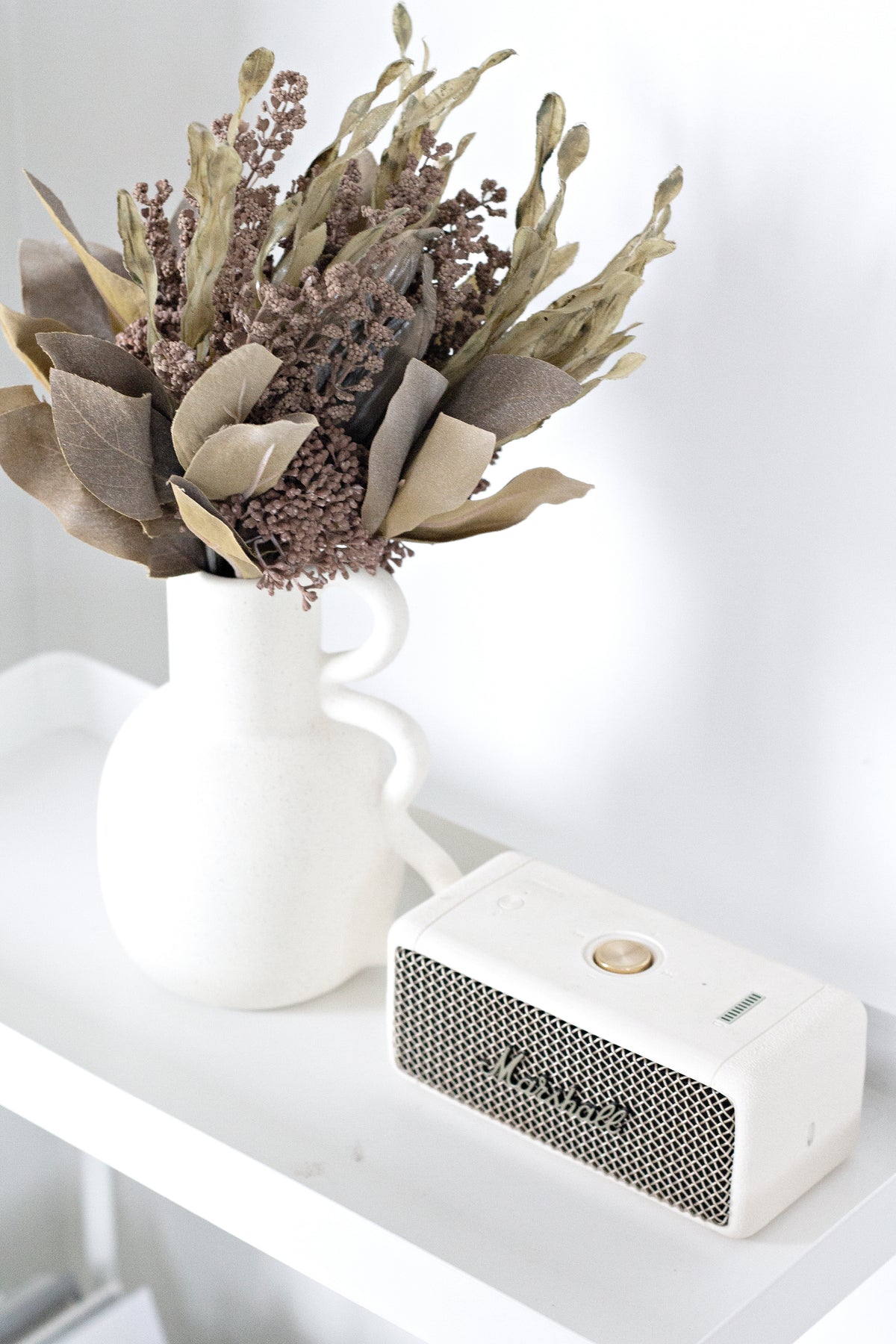 Chloe vase of dried seed heads on a white shelf beside a small speaker