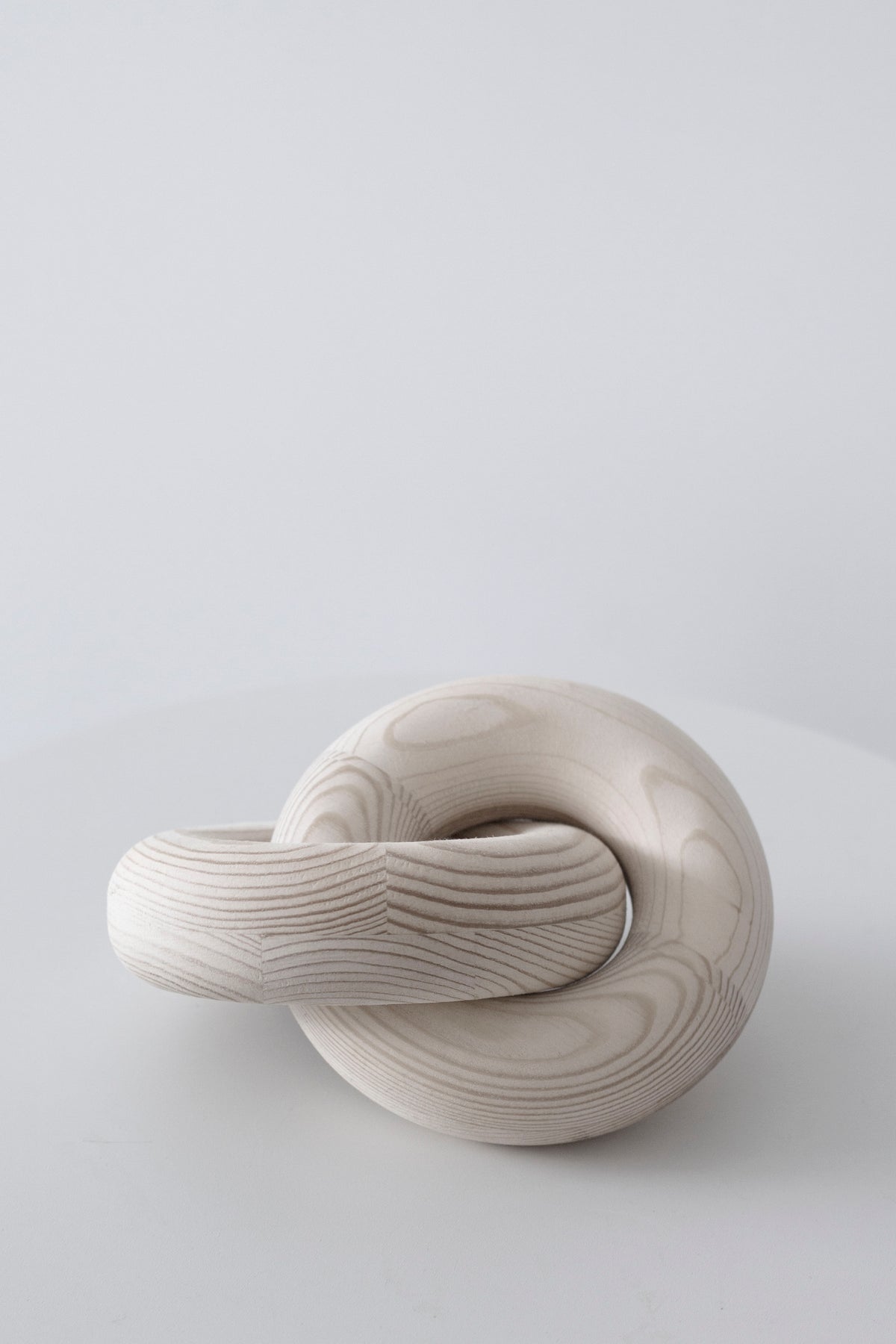Natural wood knot sculpture close up on a pale grey surface
