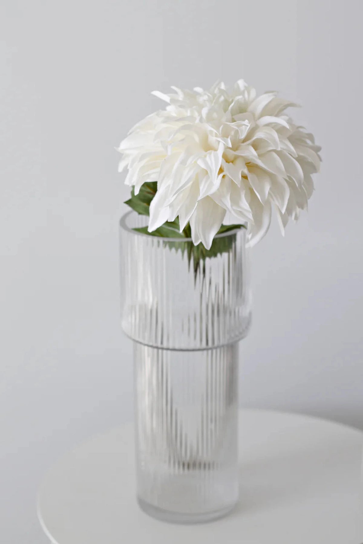 Cream dahlia in a tall ribbed glass vase on a round white table