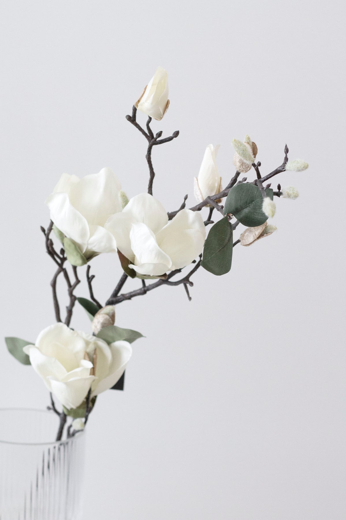 Faux white magnolia branch with open blooms and buds in a clear vase