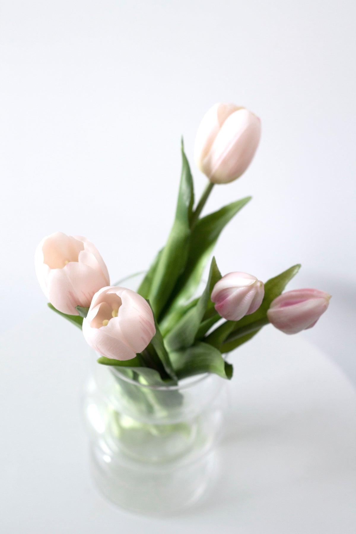 Pale pink faux tulips in a clear glass vase against a white wall