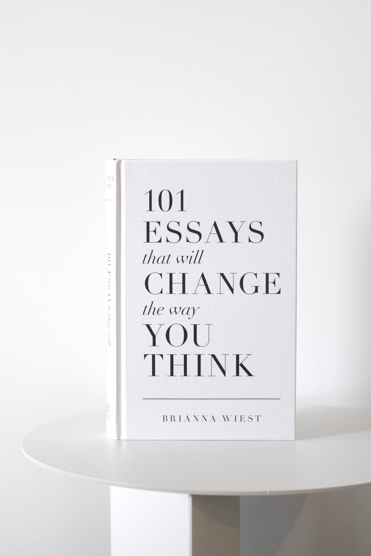 The 101 Essays paperback standing upright on a small round white table against a plain wall