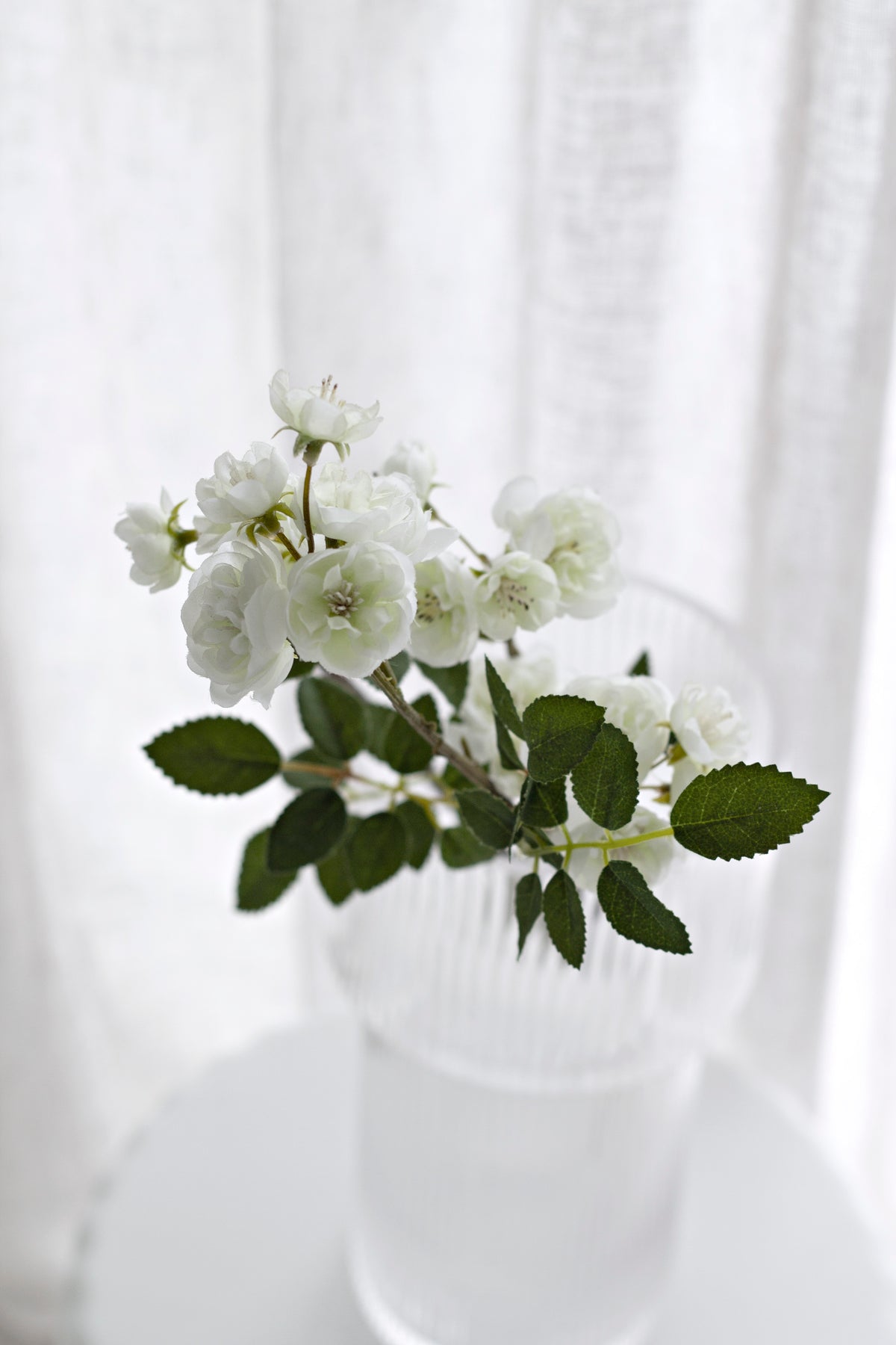 Close view of cream faux rambling rose blooms and serrated leaves in a glass vase