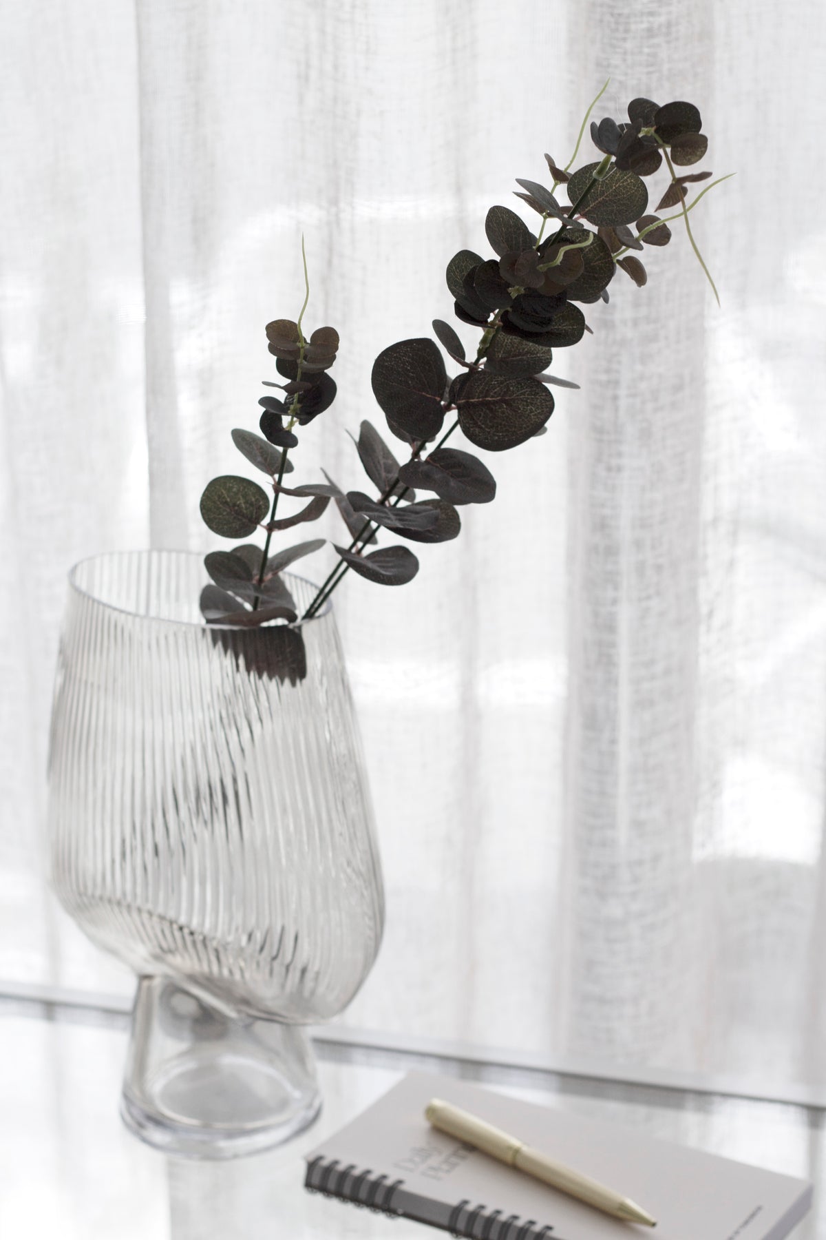 Red river gum eucalyptus in a ribbed glass vase beside a notebook and pencil