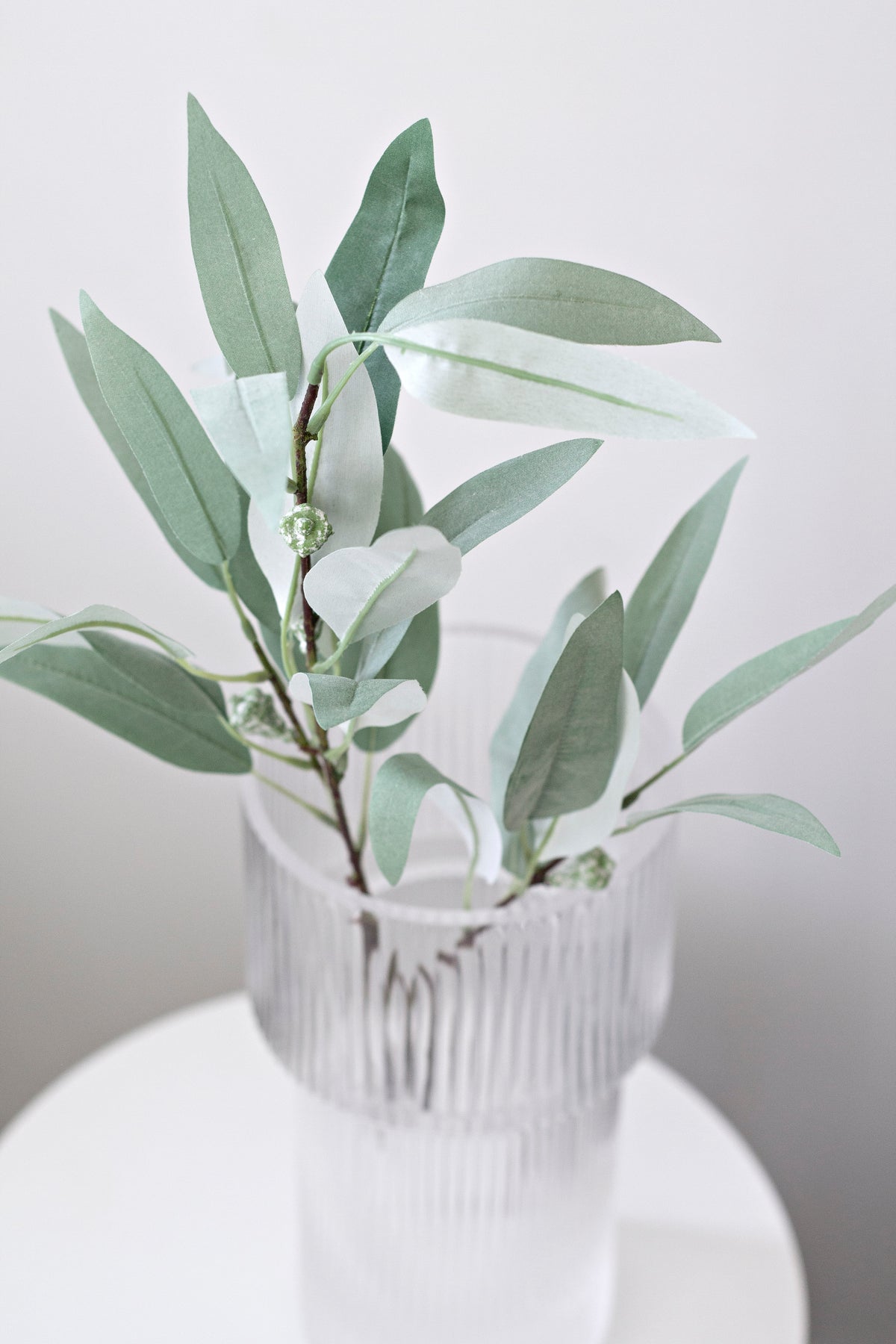 Willow eucalyptus in a ribbed glass vase on a white pedestal table