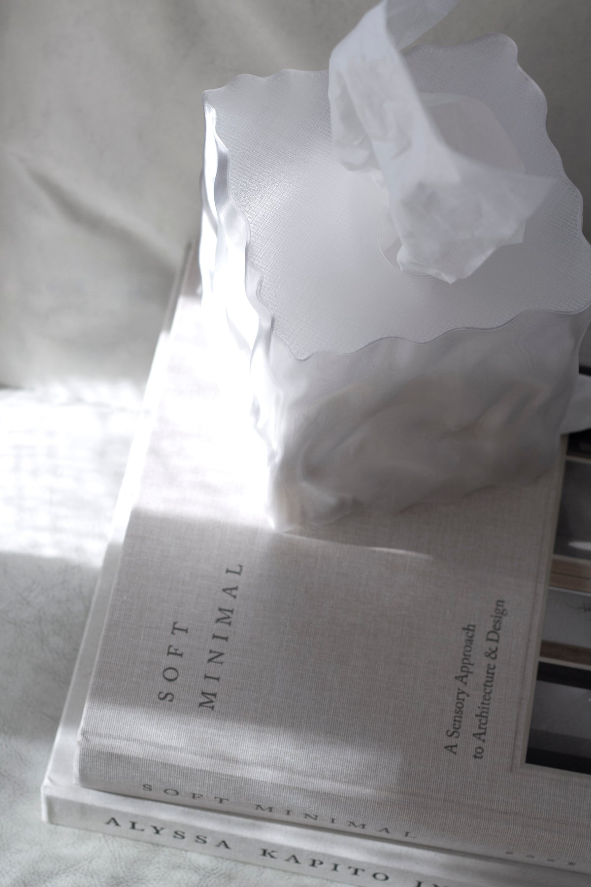 Soft Minimal lying on a white bedspread in sunlight, stacked with a crumpled glass box on top