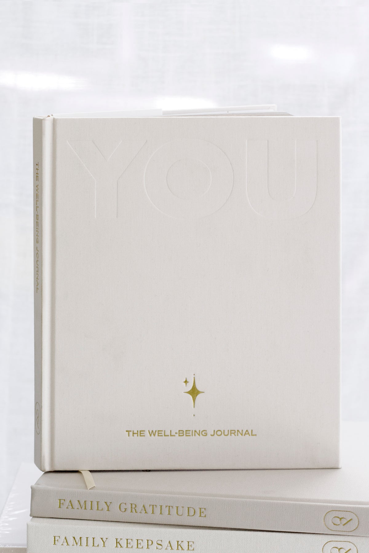 The cream YOU. journal upright on a stack of Family Gratitude and Family Keepsake books, showing the gold foil title