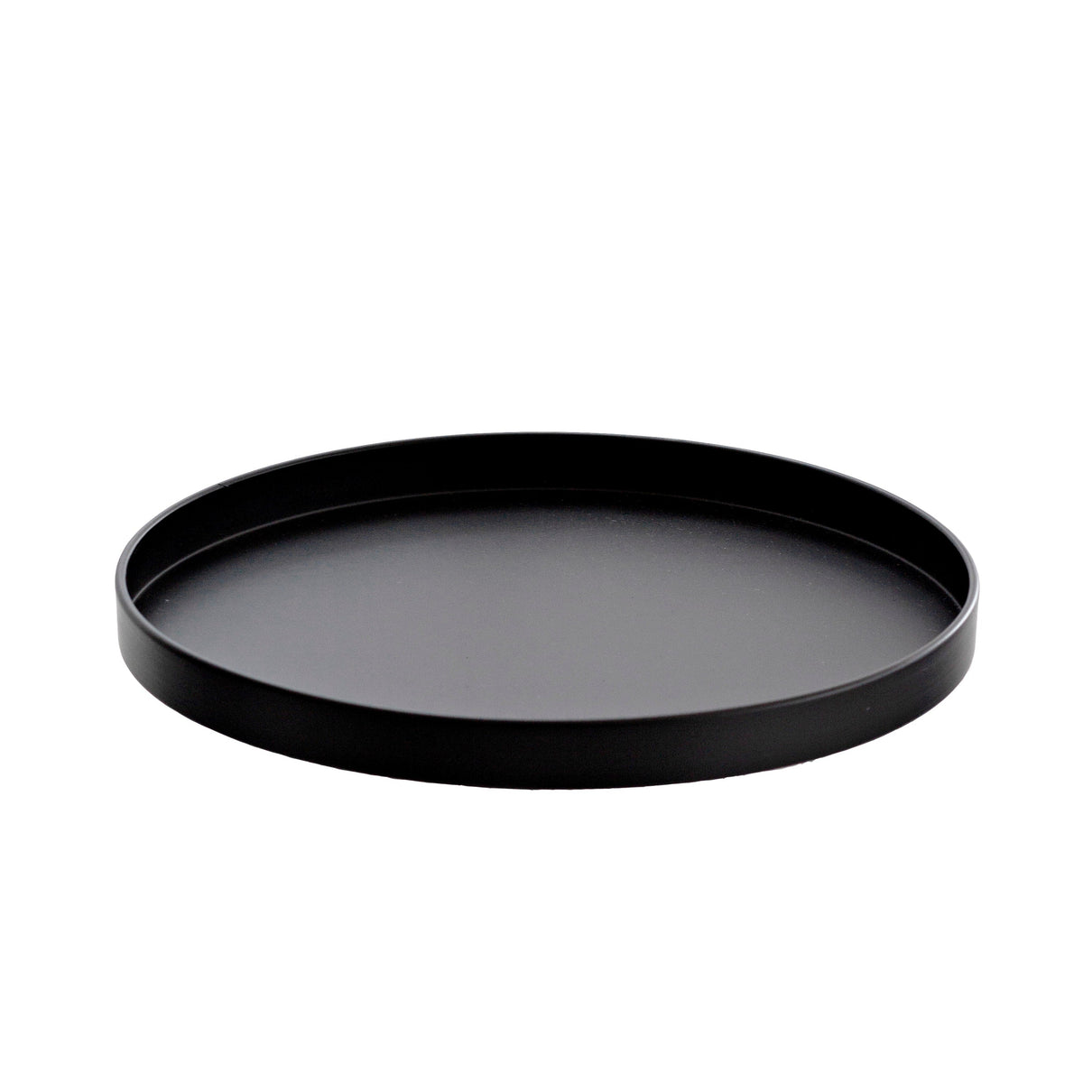 Single black Bianca metal tray with a low rim, shown at an angle on a plain white background