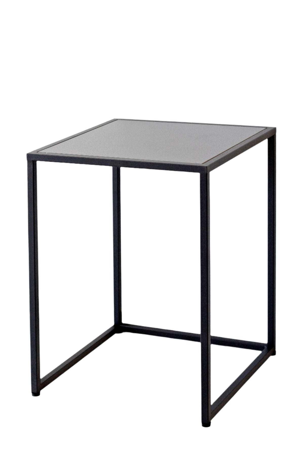 Sara side table with a slim black metal frame, dark inset top and low base rail, on white