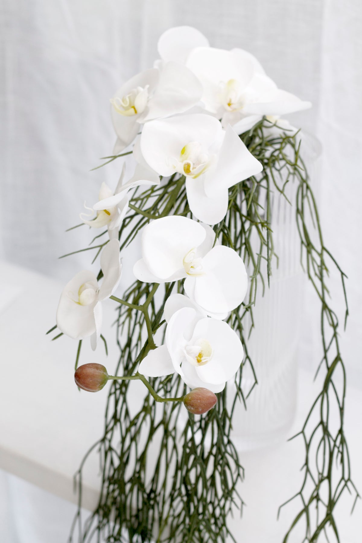 White orchids and faux rhipsalis trailing together in a vase