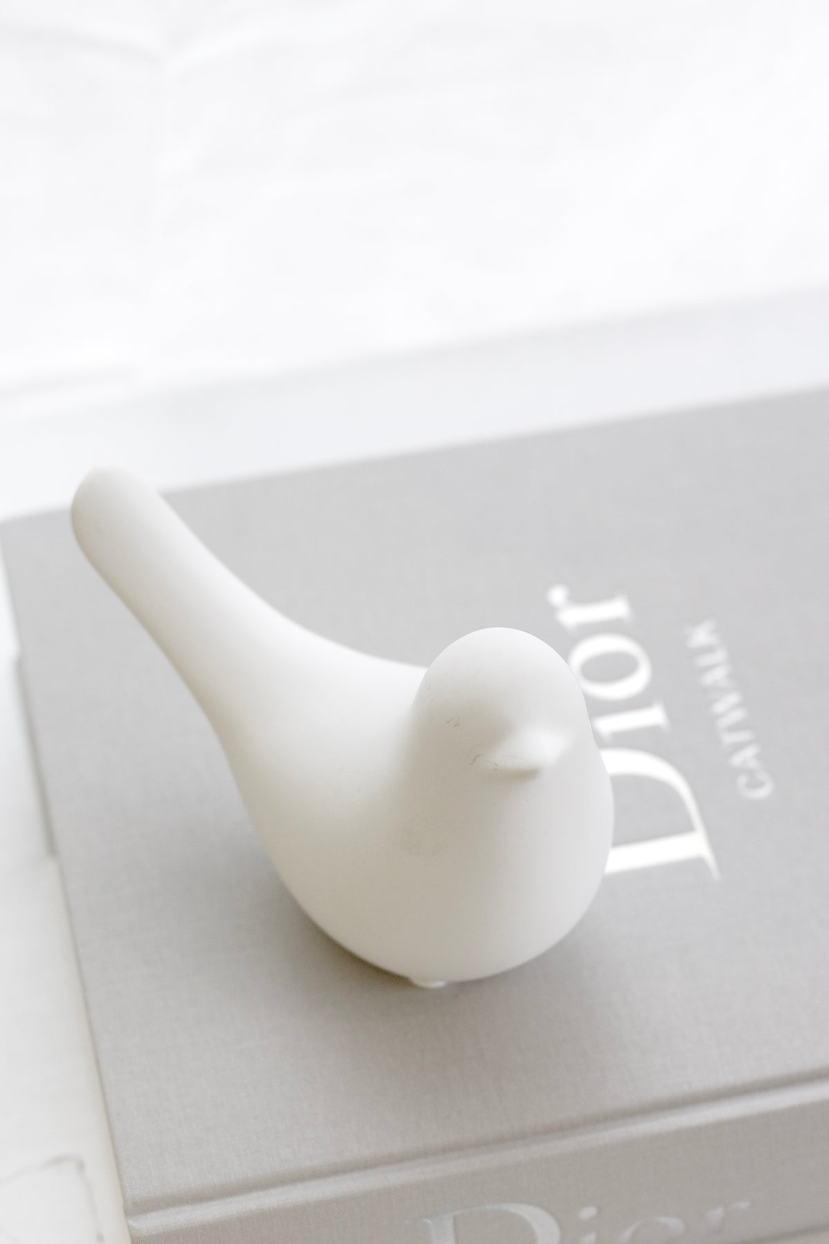 Large white Della dove perched on a grey coffee table book