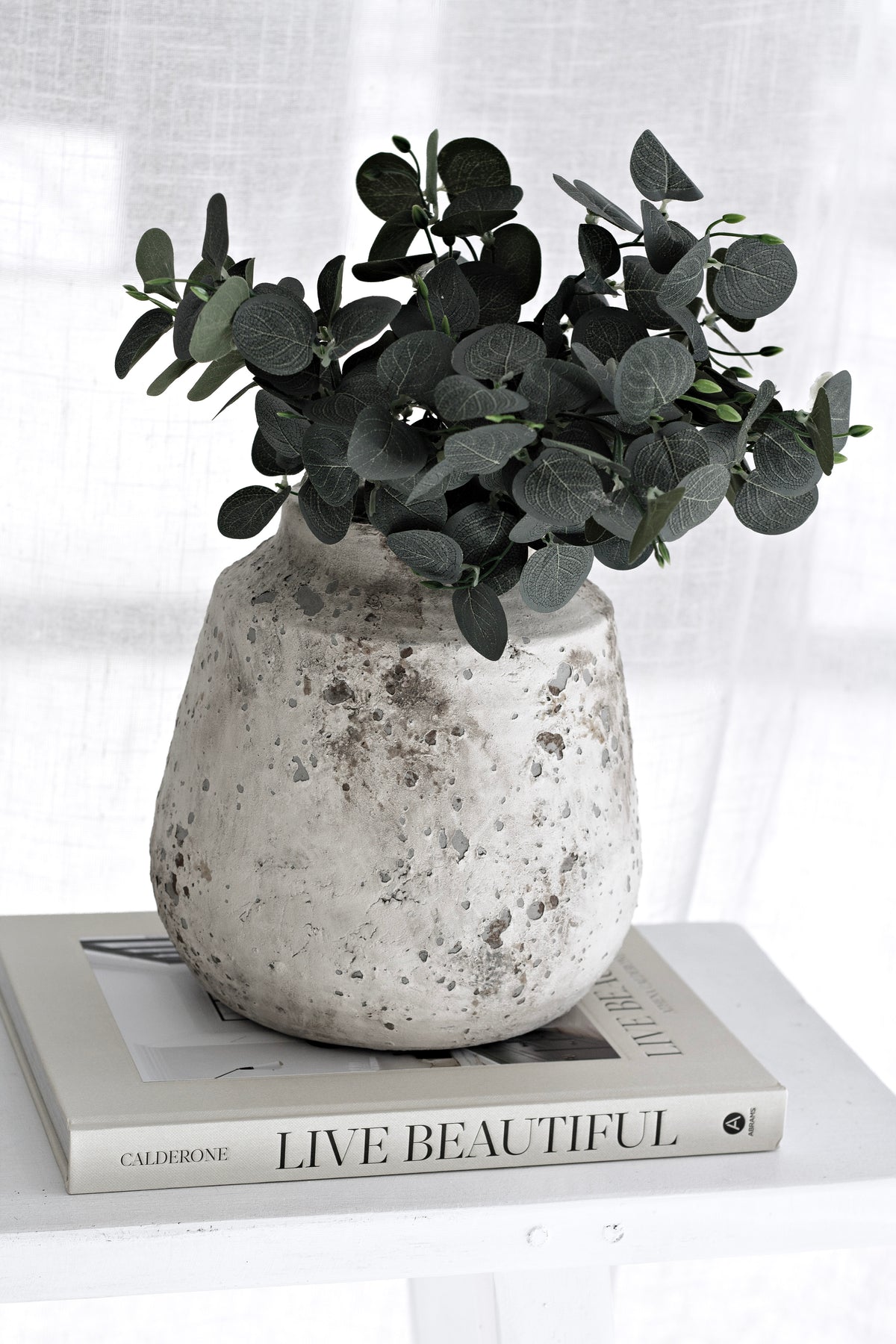 Eucalyptus in a speckled stone vase resting on a stack of books, curtain light behind