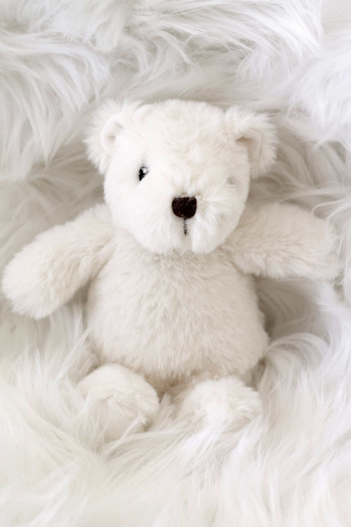 Warm White Flopsy Bear sitting on white sheepskin, front view