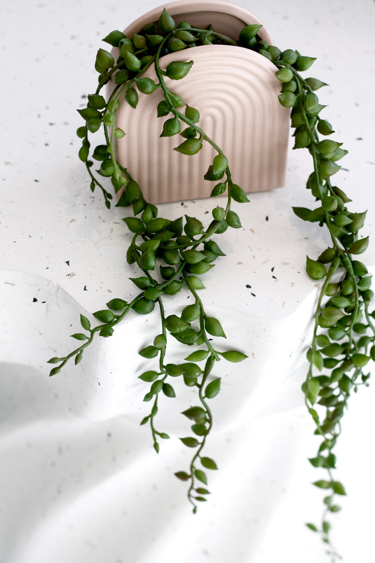 Faux string of tears trailing from a pale pink ribbed pot, seen from above