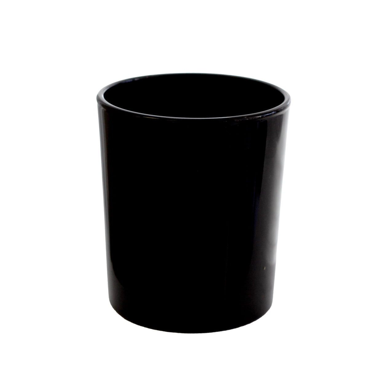 Black glass toilet brush holder, empty, on white
