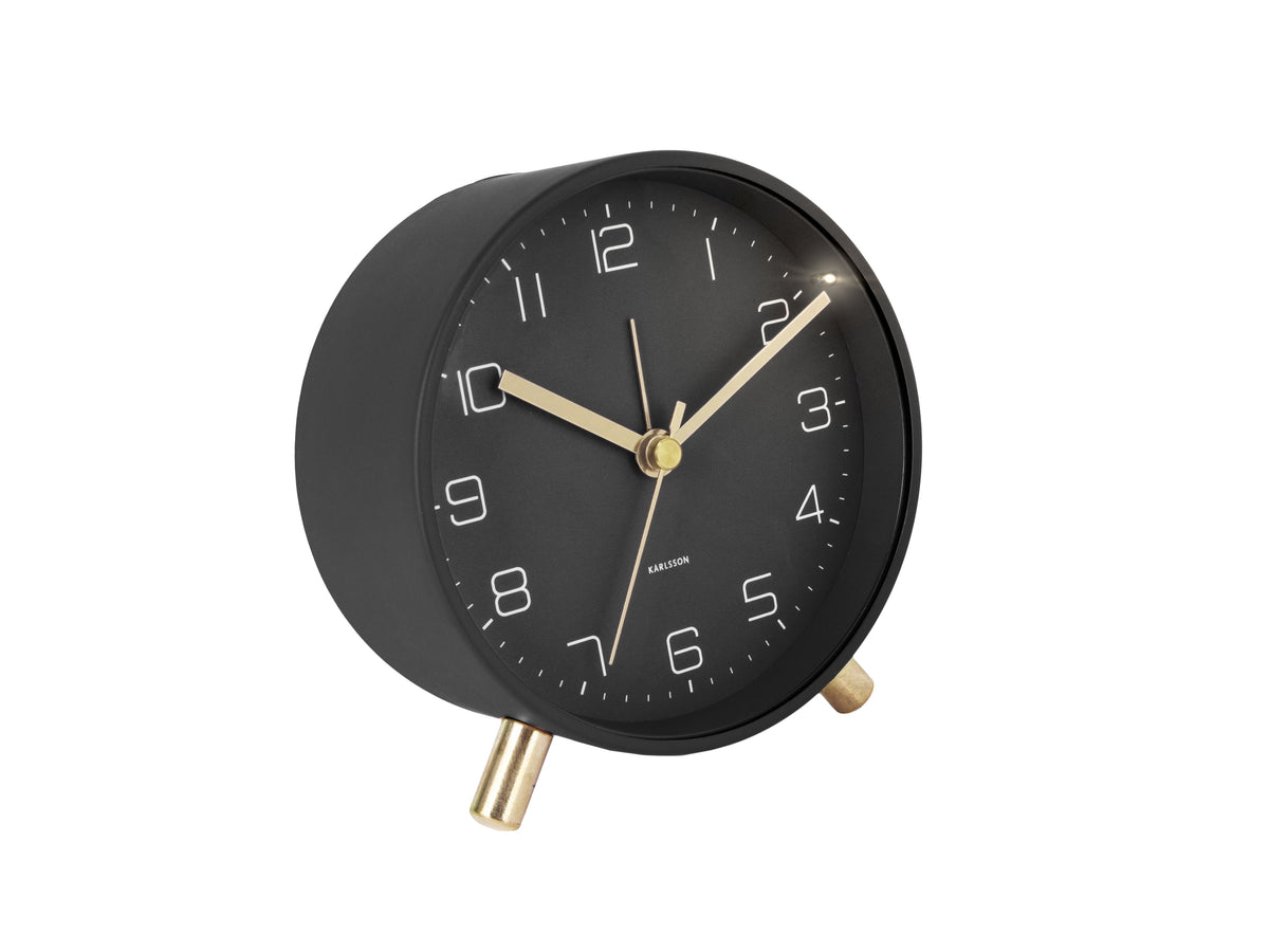 Karlsson Lofty Alarm Clock in black with gold hands and legs on a white background