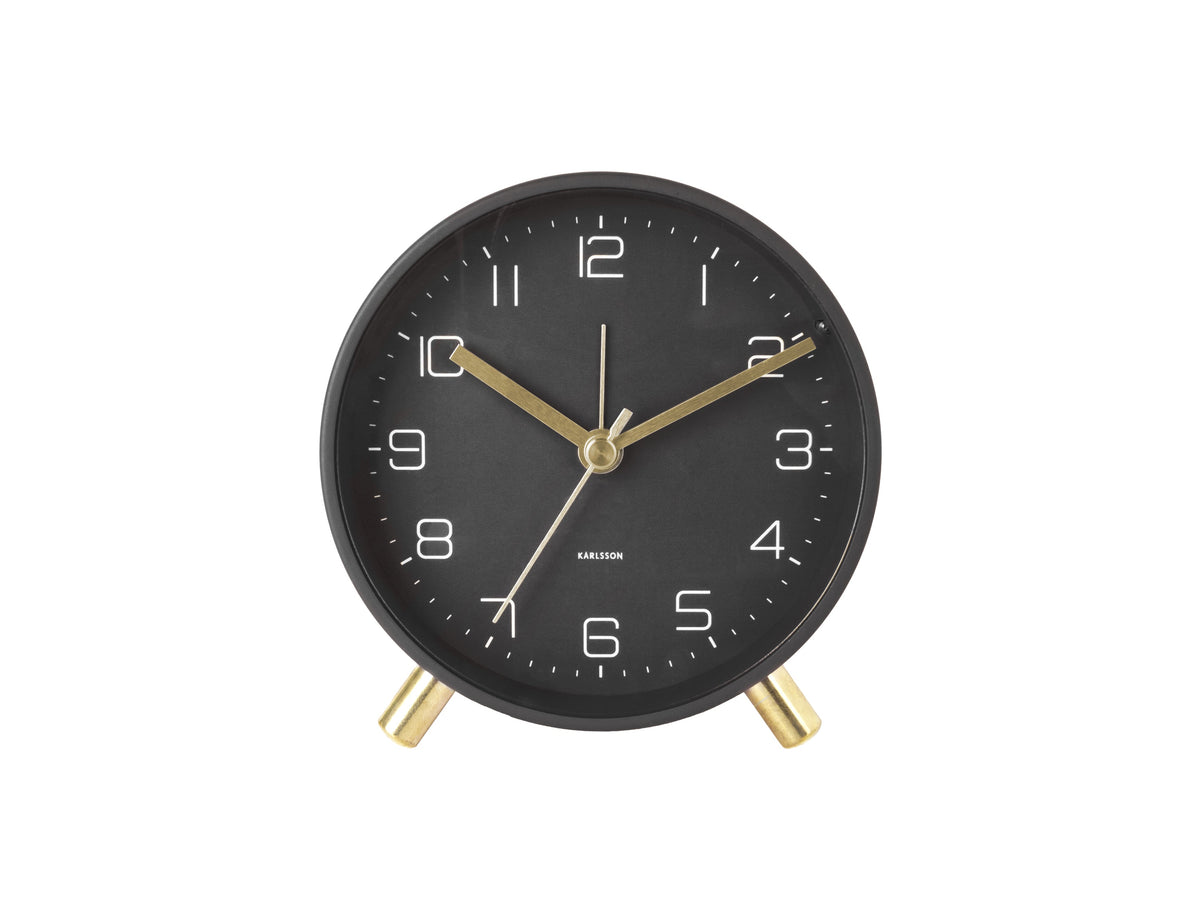 Karlsson Lofty Alarm Clock in black with gold hands, close detail