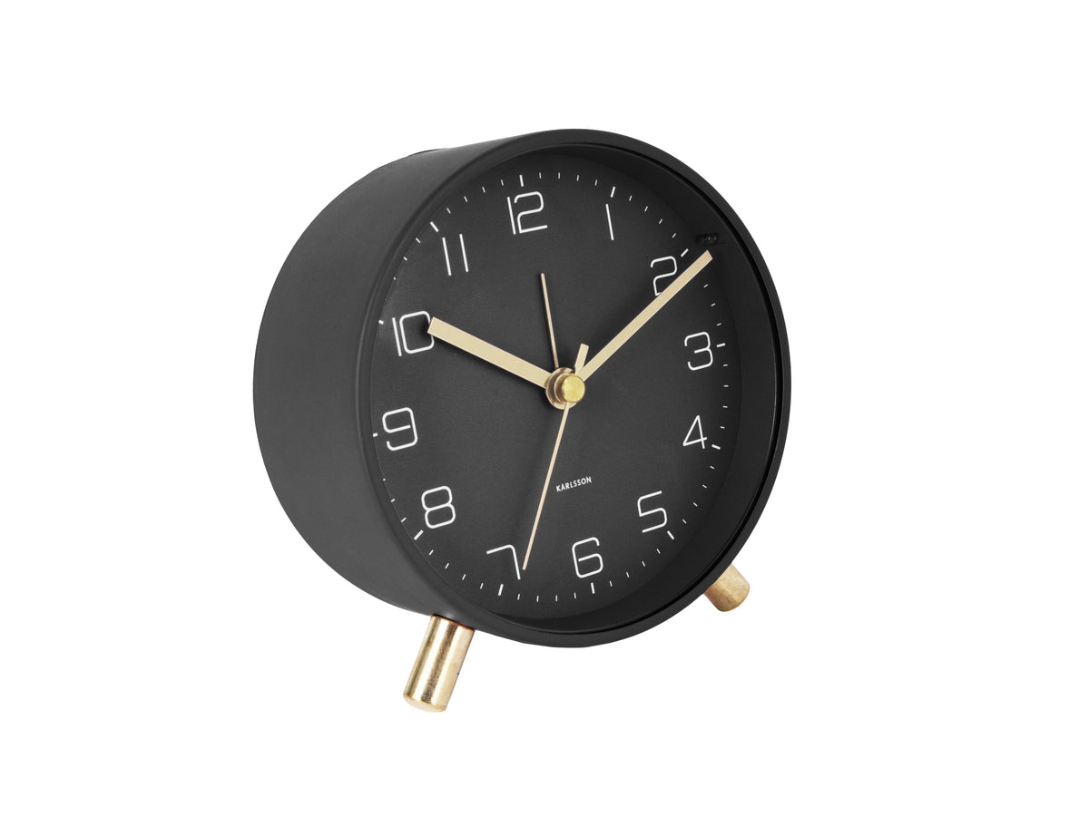 Karlsson Lofty Alarm Clock in black with gold detailing on a white background