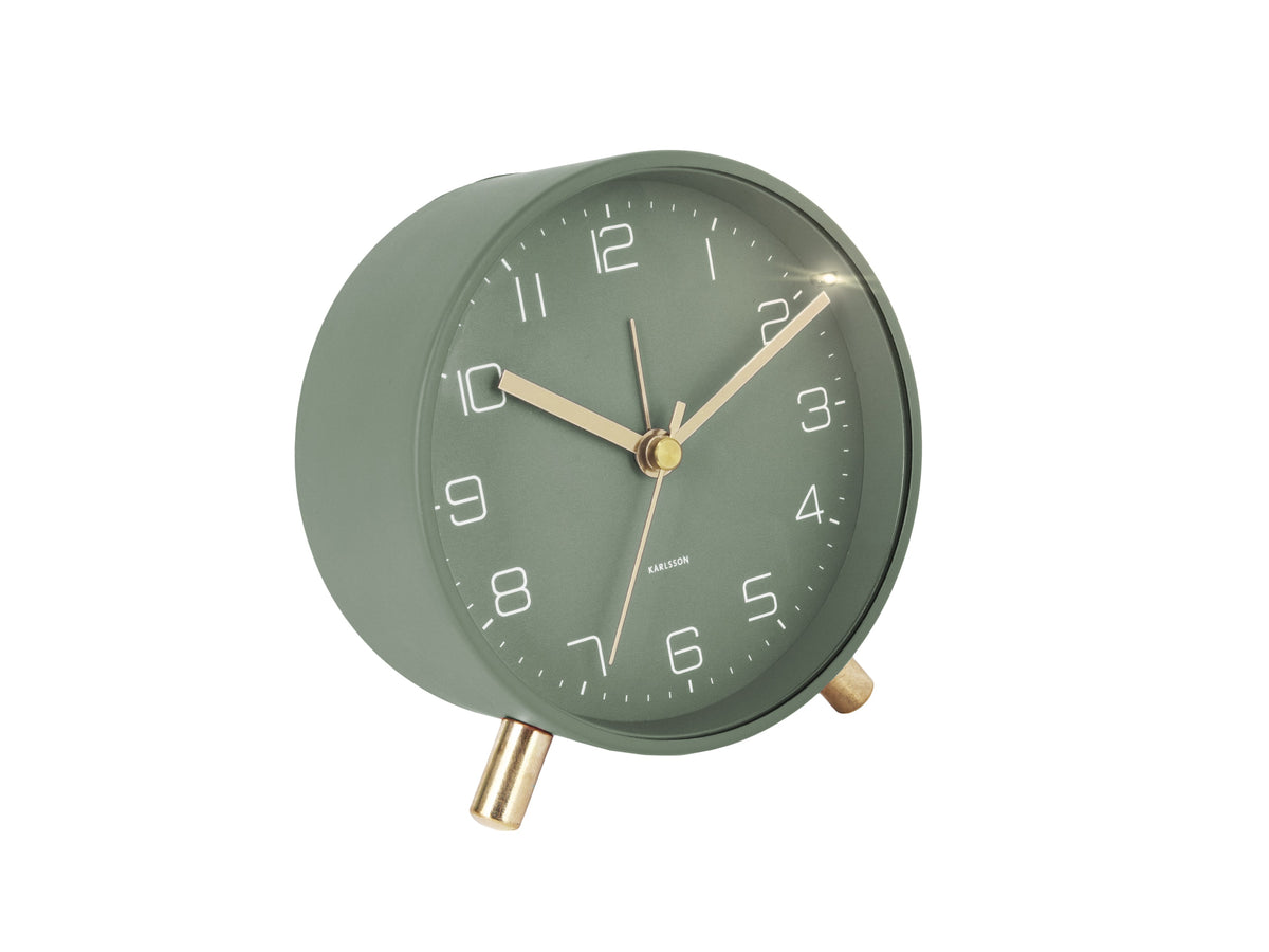 Karlsson Lofty Alarm Clock in green with gold legs on a white background