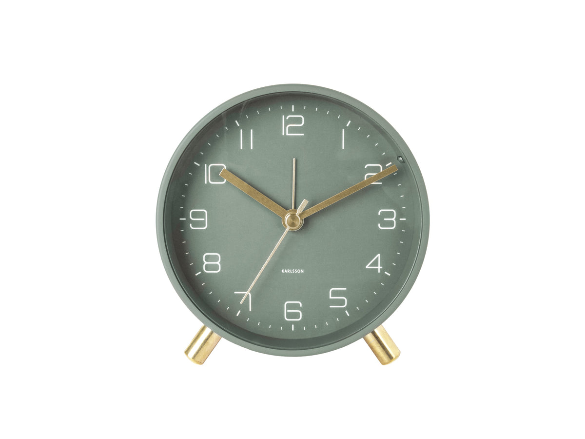 Karlsson Lofty Alarm Clock in green with gold legs, angled view