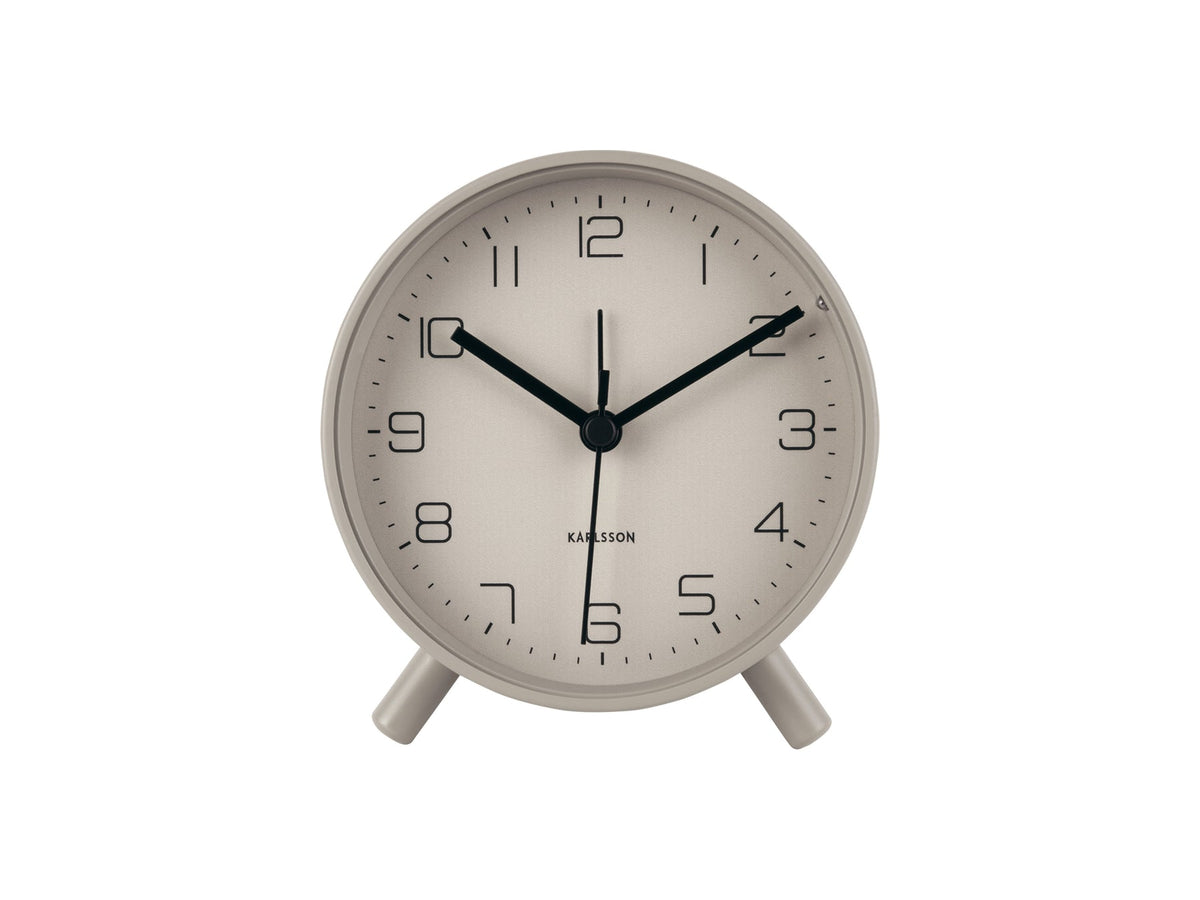 Karlsson Lofty Alarm Clock in warm grey, front view with gold hands