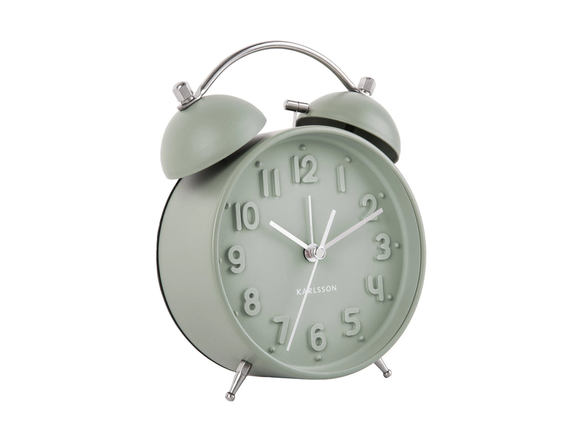 Karlsson Iconic twin bell alarm clock in Greyed Jade, angled on white